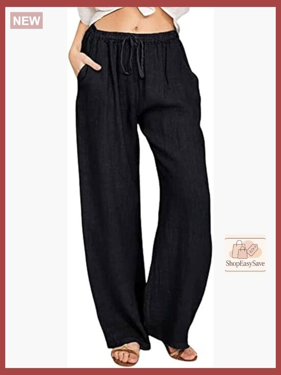 Pants - Linen Palazzo Pants Loose Wide Leg Summer Beach Drawstring Elastic Waist